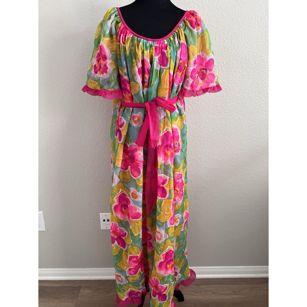 Vintage Jenelle of California Gown Belted Ruffles Floral Lined  Colorful Nylon